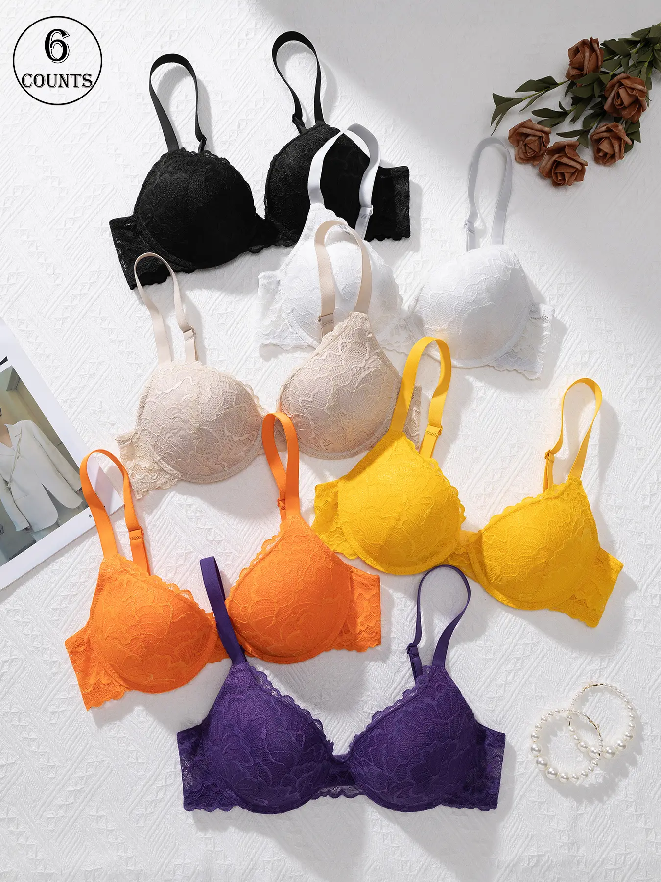 6 Pieces Sexy Lace Women's Bras, Fashion Bra, Adjustable Bras, for Spring and Summer, Everyday Casual, Comfortable, Breathable, Skin-Friendly All Day, with Hook Closure, Underwire, 3D Shaping, Integrated Cup, Sporty Back Design
