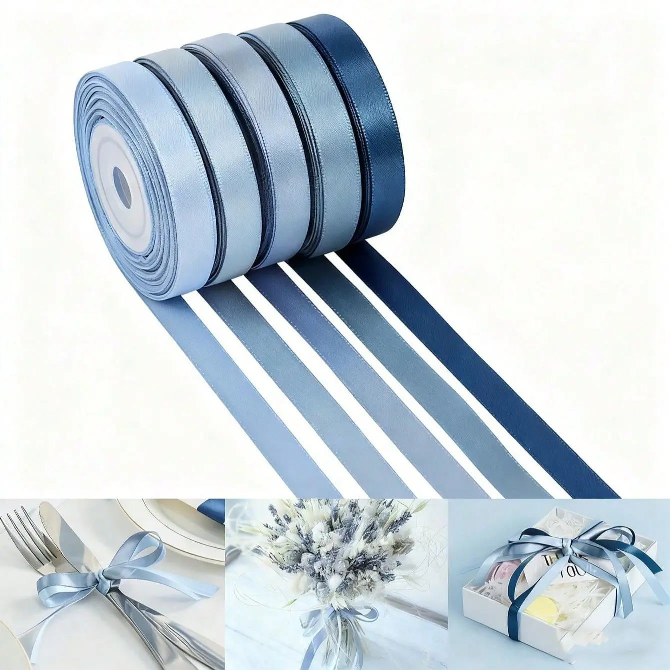 Dusty Blue Satin Ribbon Roll, 1/5 Yards Assorted Colors for Weddings & Events, Perfect for Gift Box Wrapping, Gift Wrapping Supplies, Floral Arrangements & Crafting Projects