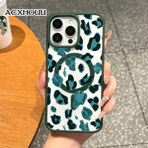 Magnetic Vintage Case for iPhone 17 16 E Pro Max 15 Plus 14 13 12 11 XS XR, Aesthetic Teal Glitter Leopard Print Vibes | Lightweight, Shockproof, Silicone, Scratch Resistant, and Cute