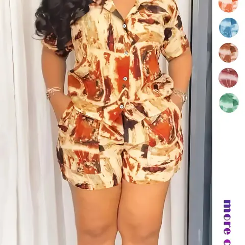 Women's All-Over Print Two-Piece Set, Matching Sets, Short Sleeve Shirt & Shorts, Casual Button Up Top & Shorts for Daily Wear, Ladies Summer Clothes, Fashion Clothes Set