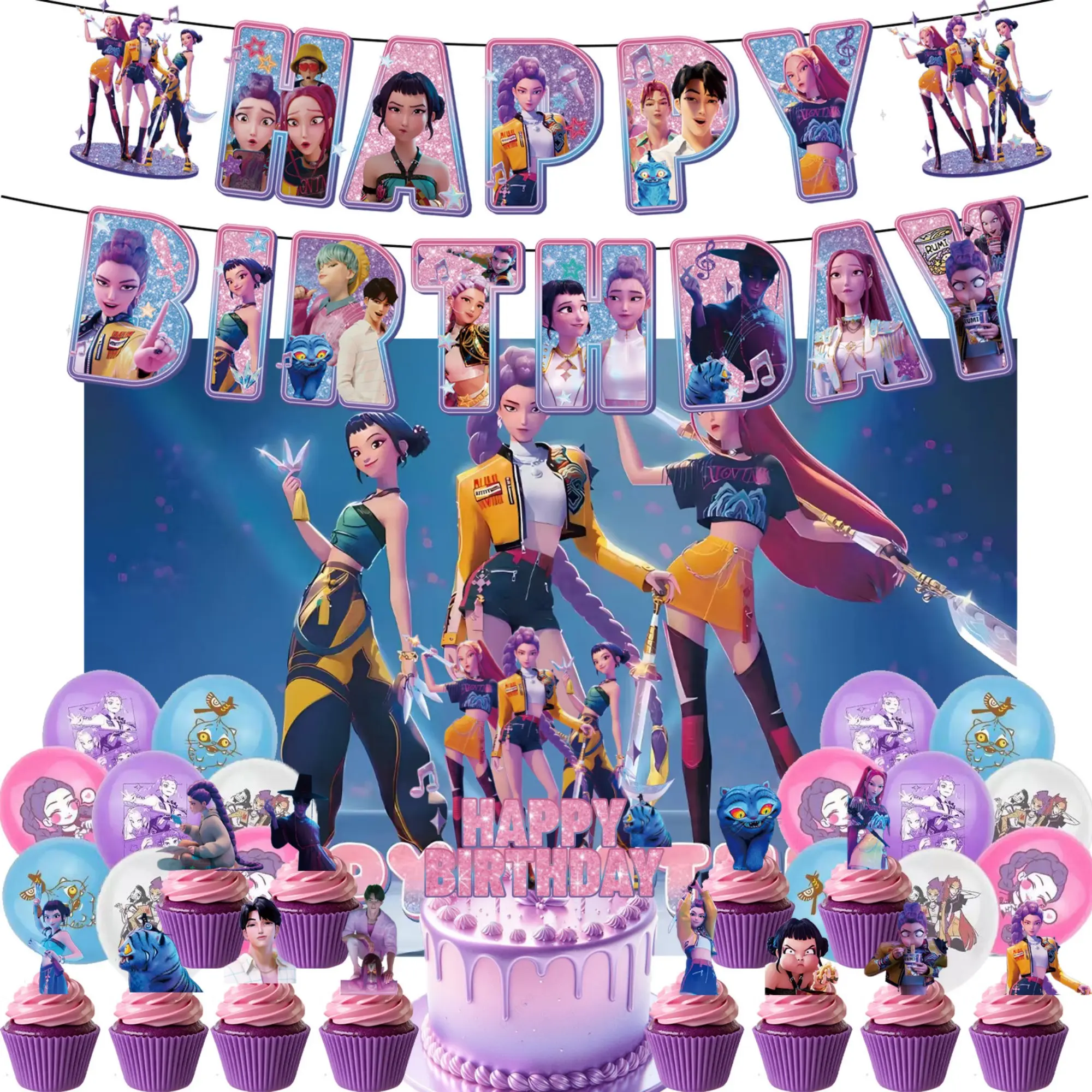 KPop Girl Birthday Party Supplies Cake Decoration Set with Balloons and Blue Photo Background