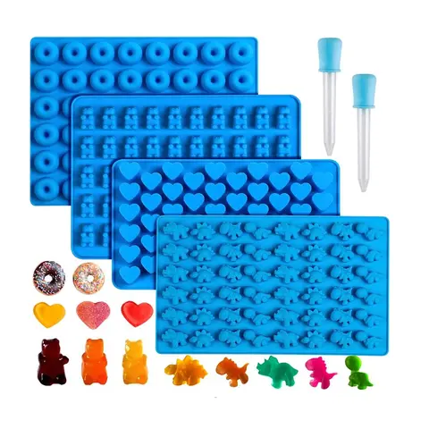 Candy Mold with Droppers, 4 Counts DIY Bear/Dinosaur/Donut/Heart Shaped Soft Baking Mold with 2 Counts Droppers, Reusable Chocolate Mold, Non-stick Silicone Chocolate Mold Set, Baking Essentials, Silicone Molds for Chocolate, Baking Supplies