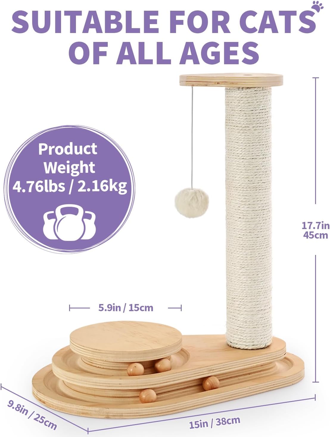 Petlovers Summervibes Wooden Cat Scratching Post with Track Ball Toy, Sisal Cat Climbing Tree for Indoor Cats, Interactive Kitten Scratcher Tower with Hanging Pom-Pom Ball, Cat Activity Center for Kitten Play & Exercise Petlovers Summervibes Wooden Cat Scratching Post with Track Ball Toy, Sisal Cat Climbing Tree for Indoor Cats, Interactive Kitten Scratcher Tower with Hanging Pom-Pom Ball, Cat Activity Center for Kitten Play & Exercise