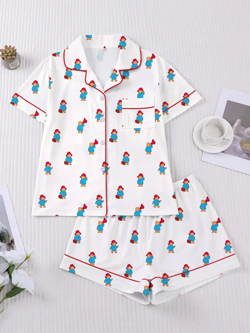 Ladies Teddy Bear Printed Pajama Set, Short Sleeve Button up Pajama, Four Seasons Casual Pajama Set, Two Piece Set