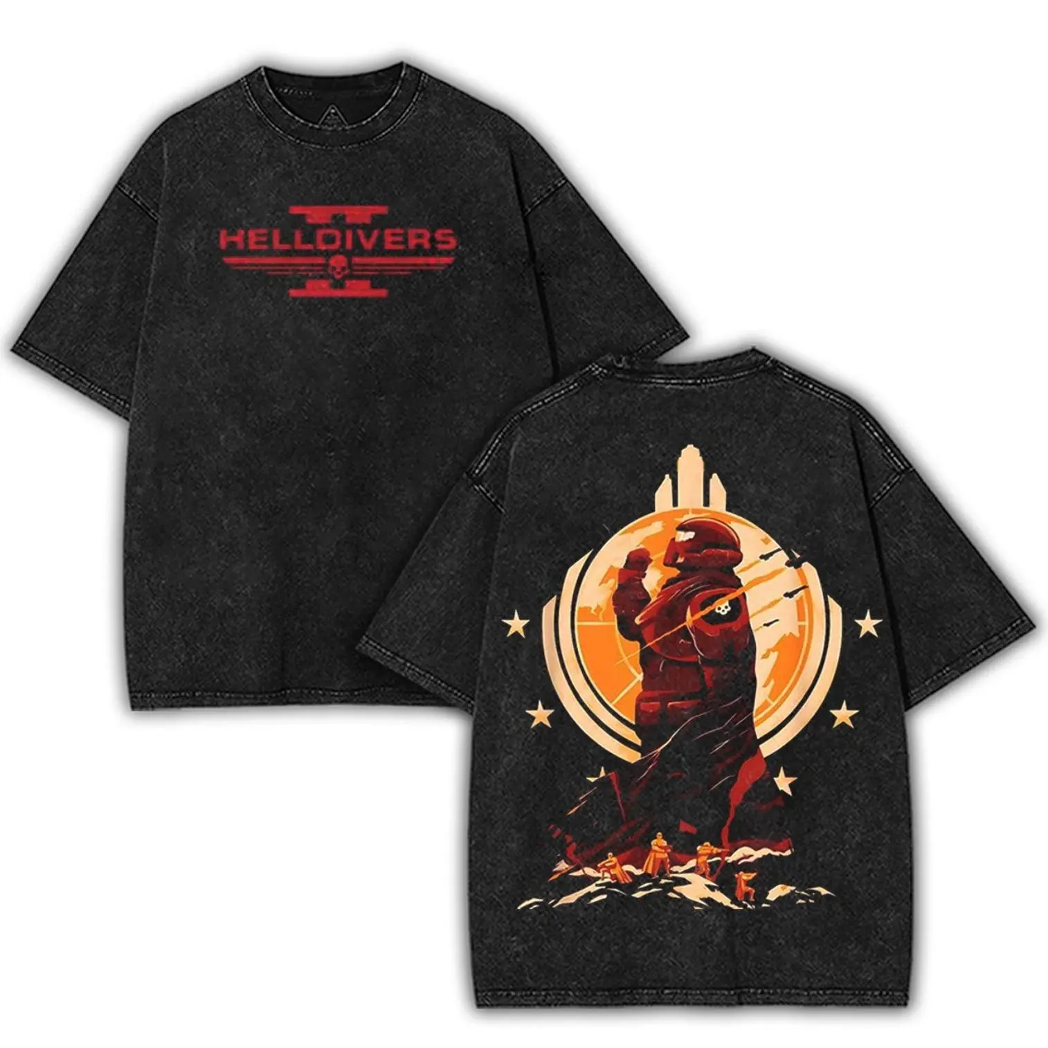 Helldivers 2 Fan-Art Unisex Oversize Heavyweight Cotton Washed T-shirt, Summer Outfit, Top, Crewneck Top, Short Sleeve Fabric Menswear