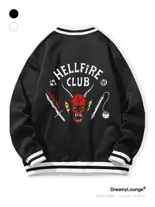 Stranger Things Hellfire Club Print Baseball Tee, Casual Breathable Round Neck Top, Fitted Graphic Shirt for Outdoor & Home Wear