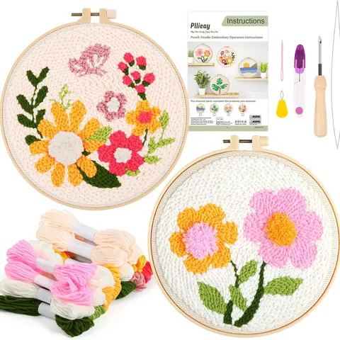 2 Set Punch Needle Embroidery Starter Kits for Beginners - DIY Gift with Embroidery Tool Suitable for Christmas/New Year gifts