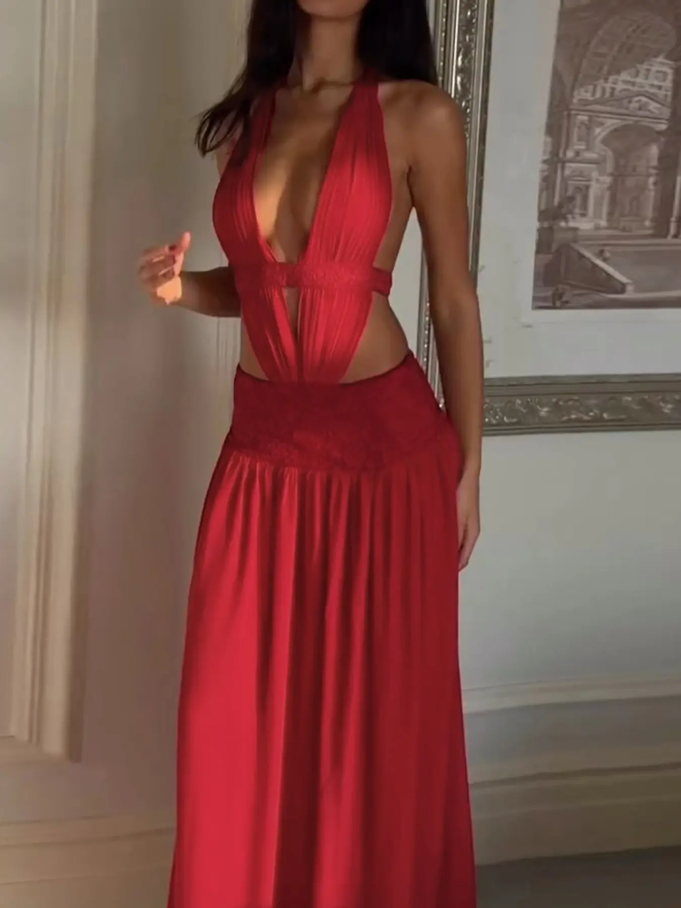 Women's Solid Halter Long Dress, Bodycon Smooth Dress, Fashion Elegance Sexy Slinky Sleeveless Cutout Backless Deep V Neck Party Dresses, Street Csaual Trendy  New Summer