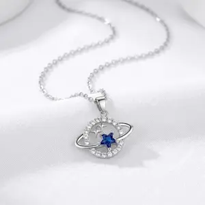 Dainty Silver Star Necklace with Blue Gem – Minimalist Jewelry