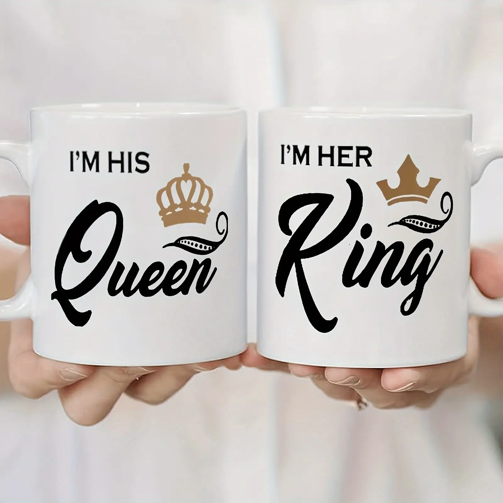"His Queen, Her King" Couples Cup and Mug Set - 11oz Ceramic, Pink-Black, Crown Design, Oval, 18+ Years, 500-1000 ml, Reusable, Washable, Dishwasher Safe, Coffee Drinkware, Anniversary Gift, Coffee Bar Decor, the Ring