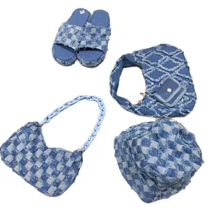 Denem Patchwork Slippers Cango style hat and Mini Purse Set - Black Checkerboard Design with Frayed Edges. Women Footwear