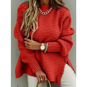 [Elegant Sweater] Autumn Winter Solid Color Long-Sleeve Knitted Sweater for Women |   Half-High Collar Textured Design with Front Short And Back Long Cut, Perfect for Elegant Commuting