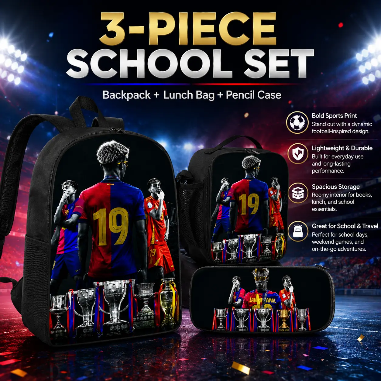 Heavy Duty Kids' #19 Jersey Graphic Print Backpack 3-Piece Set - Adjustable Straps, Prop 65 Safe Sports Bundle with Insulated Lunch Box, Pencil Case, Sports Fan Birthday Gift for Teen Boys