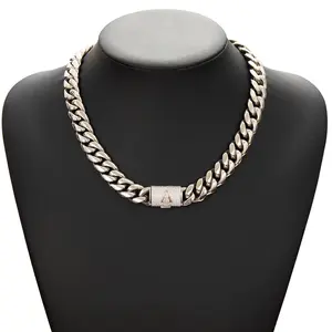 Silver Stainless Steel Cuban Link Necklace for Men, 14mm Heavy Chain with A–Z Initial Letter Pendant, Gothic Punk Hip Hop Style, Personalized Modern Gift for Him