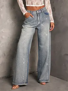 Women's Rhinestone Wide-Leg Jeans, Mid-Waist Stylish Wide-Leg Pants, Heavy-Duty Full-Rhinestone Denim Trousers, Suitable For All Seasons