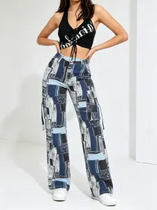 Tie dye printed jeans with straight leg, wide legs, high waist, slimming effect, long pants in color