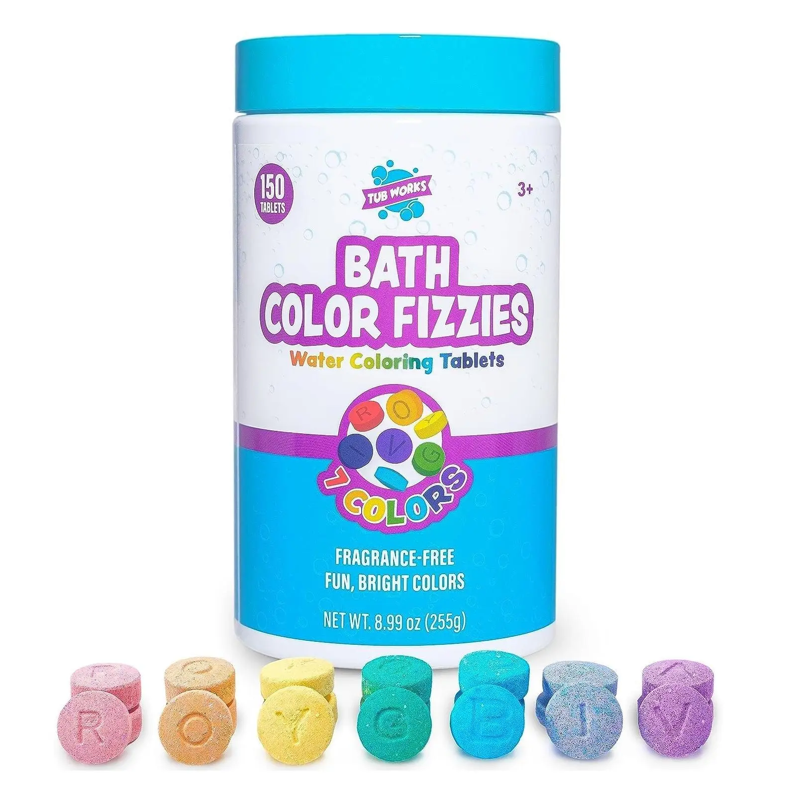Tub Works Bath Color Fizzies 150 Count Non-Toxic Fragrance-Free Tablets for Kids Fun Baths 7 Vibrant Colors for Creative Bathtime Soap Body Care Skin Care Cleansing