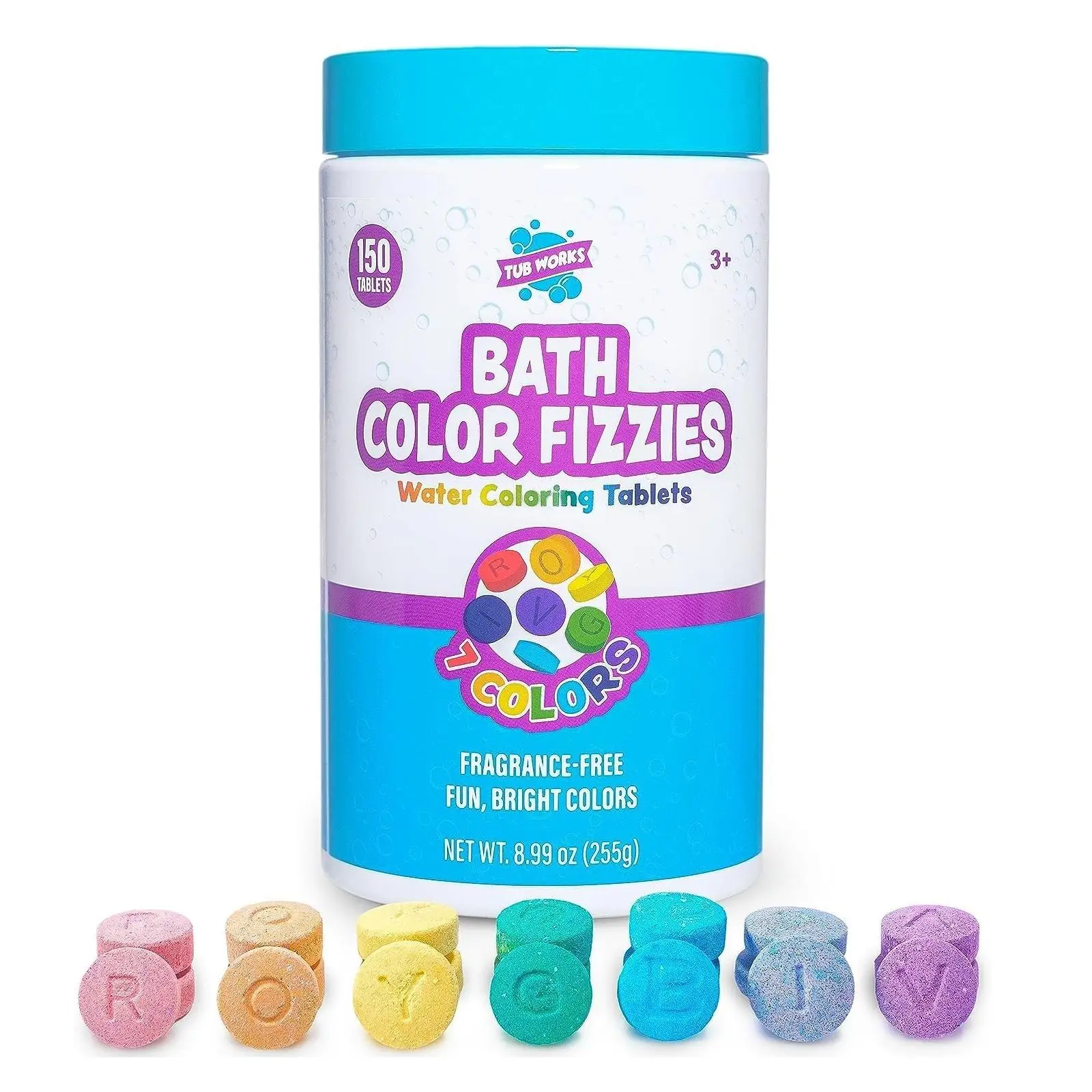Tub Works Bath Color Fizzies 150 Count Non-Toxic Fragrance-Free Tablets for Kids Fun Baths 7 Vibrant Colors for Creative Bathtime Soap Body Care Skin