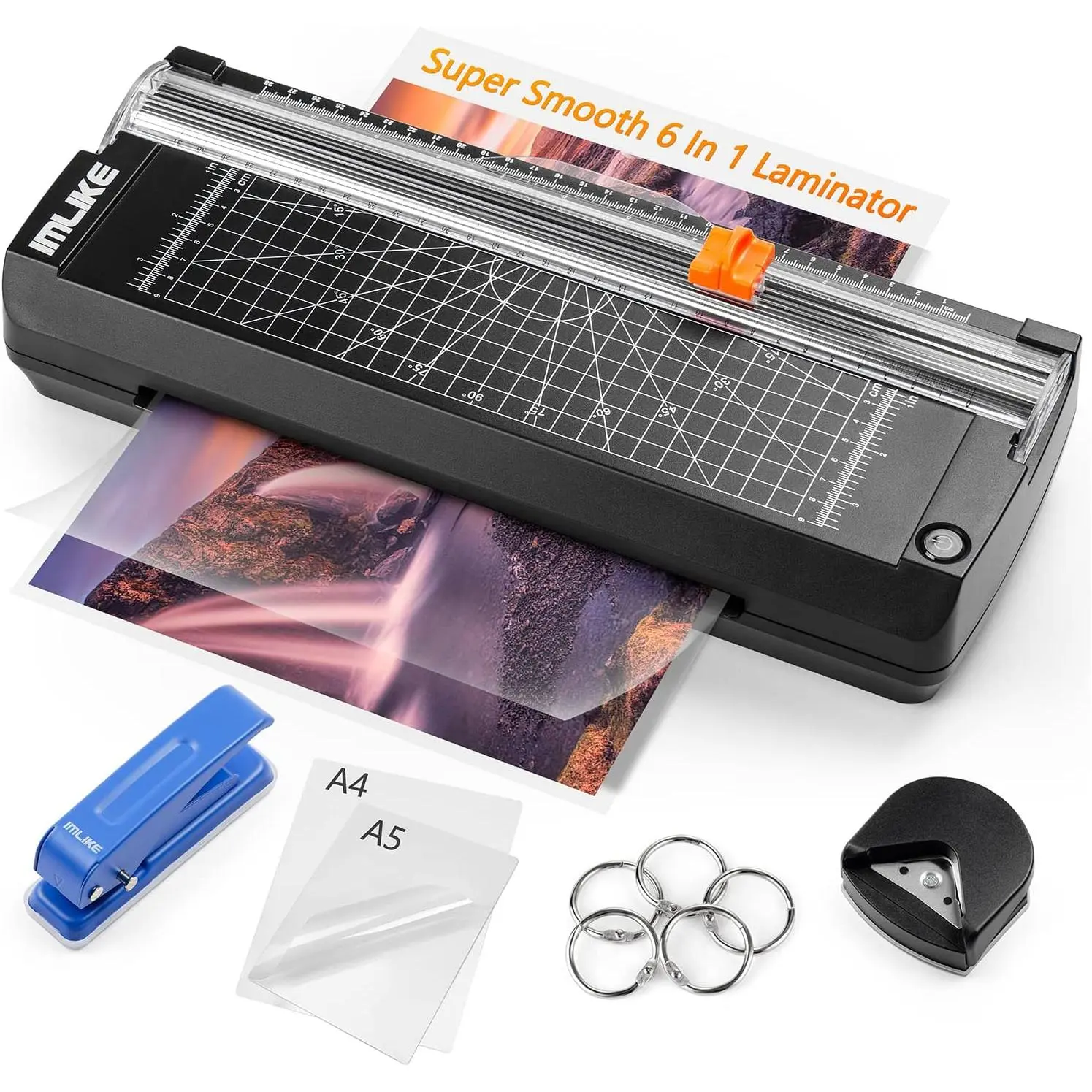 A4 Thermal Laminator with Laminating Pouches - 9" Photo Laminating Machine, Built-in Paper Trimmer, 6-in-1 Black Laminator for , School, and Office Use