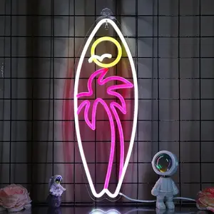 Usb-powered Surfboard and Palm Tree Neon Sign, Dimmable LED, Multi-color Beach-themed Wall Art, Suitable for Men'S Cave, Bar, Club, Restaurant Decoration | Perfect Gift for Festivals, Parties and Events, Beach-themed Decoration