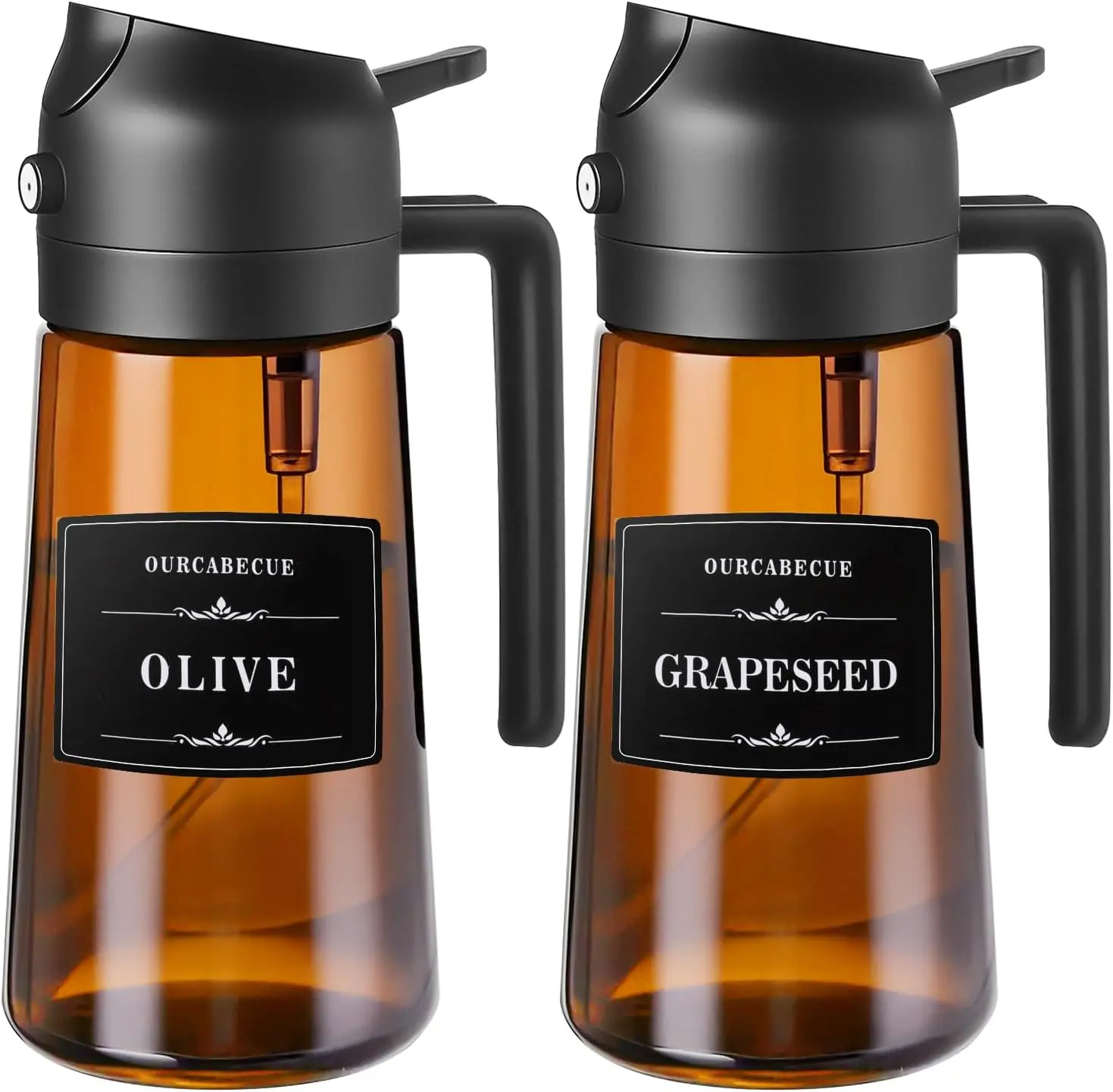 2PC Dark Brown 2-in-1 Oil Sprayer, Clog-Free, No Hand Leaks, Spill-Free Refill & Quick Clean, Light-Blocking Glass Oil Mister with 8 Labels for Daily Cooking