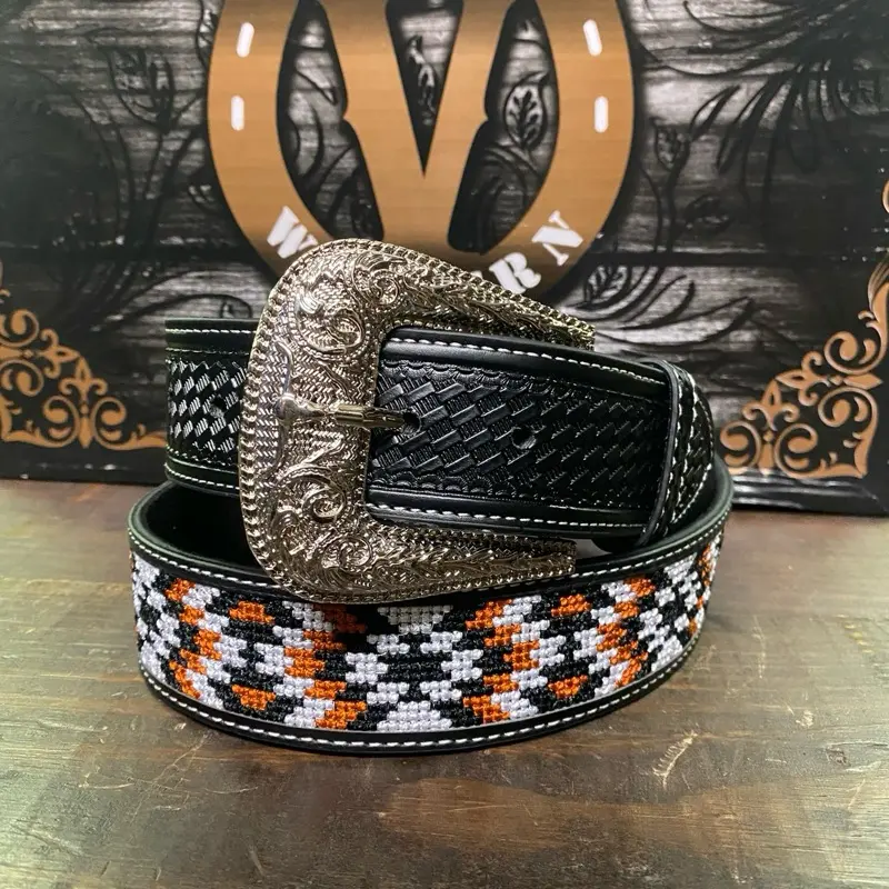 Men's Aztec Pattern Belt 2 Inches Wide with Embossed Buckle and Vibrant Beadwork