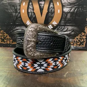 Men's Aztec Pattern Belt 2 Inches Wide with Embossed Buckle and Vibrant Beadwork