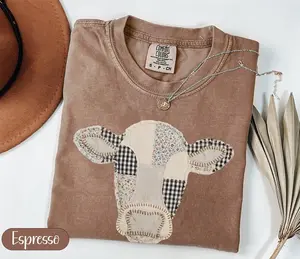 Comfort Colors Patchwork Cow T-Shirt, Quilted Farm Animal Head Tee, Gingham Floral Rustic Cow Lover Shirt, Cottagecore Farmhouse Gift, Printed Shirt
