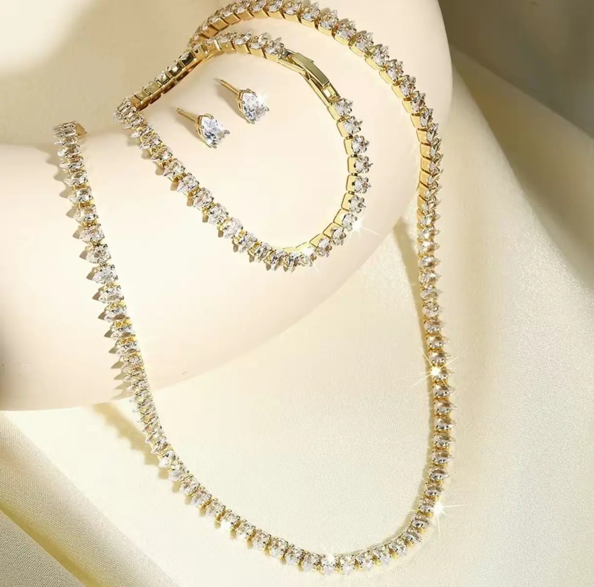 Women's Fashion 3-Piece Alloy Plated Pave Pear Teardrop Cubic Zirconia Jewelry Set - Tennis Chain Necklace, Continuous Line Bracelet, Stud Earrings - Ideal Gift for Weddings, Anniversaries