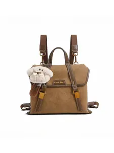 Mocha Brown Mini Backpack Purse for Women Cute PU Leather Small Backpack Bag Kawaii School Backpack with Adjustable Straps Top Handle Magnetic Flap Closure Plush Charm Lightweight Travel Bag for Girls Teens Daily Use Shopping Work