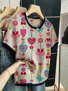 Heart Print Round Neck Sweater, Casual Short Sleeve Knitwear for Spring Summer Fall, Comfortable Warm Women's Clothing