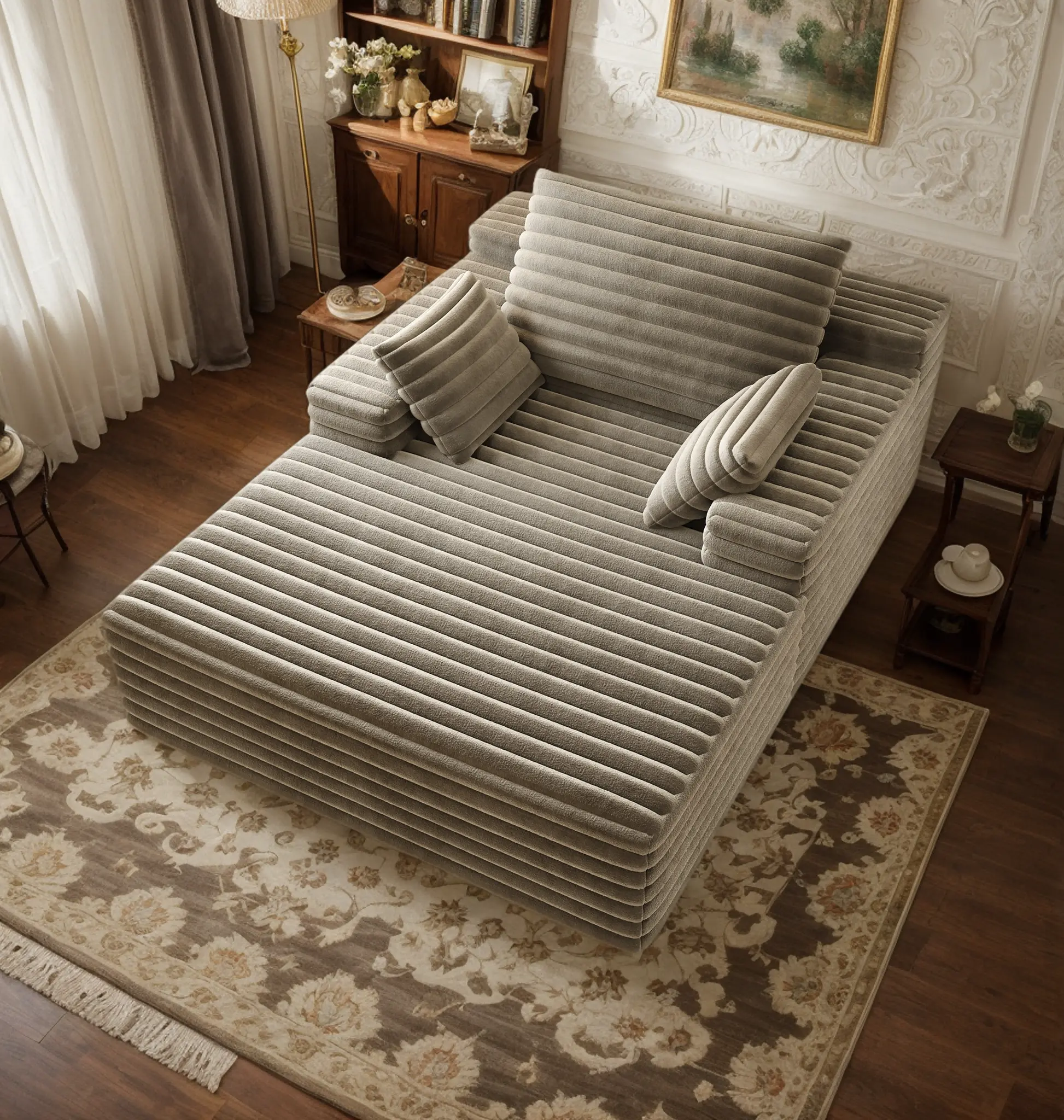 Eyisean 63-in Corduroy Convertible Sleeper Sofa Bed - Oversized Single Lounger Furniture, Sponge-Upholstered Boneless Deep Seat, Wide Armrests, No Assembly, Stable Heavy Duty Support, Throw Pillows, Modern Living Room/Bedroom Small Space In-a-Box