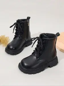 Fashion Lace-Up Side Zip Short Boots, Unisex Fall Winter School Outdoor Casual Wear, Kids' Ankle Boots for Boys & Girls, Solid Color Boots Round Boots Boy