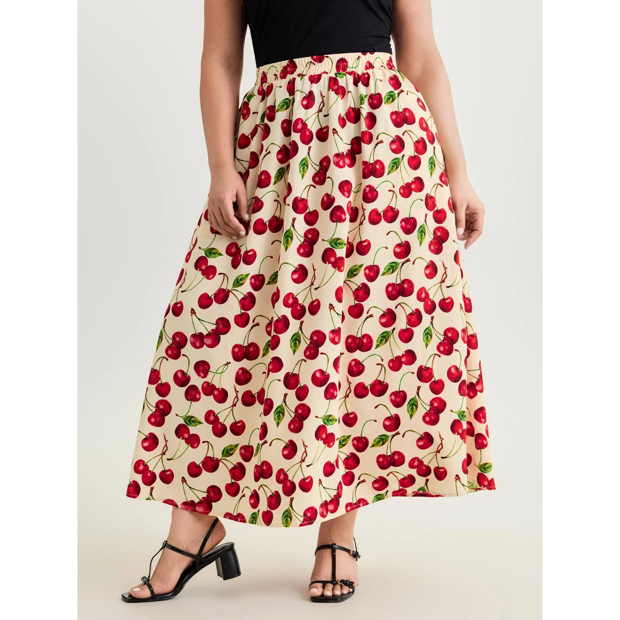 BloomChic Women's Plus Size Romantic Cherry Print Flowy Maxi Skirt with Smocked Waist and Side Pockets, Modest Pull-On Bottom, Fabric, Garment, Skirts For Women, Flowy Skirts