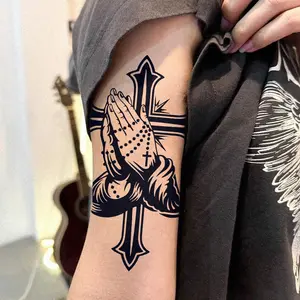 Vintage American Style Prayer Hand Cross Necklace Tattoo Sticker, Waterproof Natural Safe Non-Toxic Long-Lasting, Street Style Decorative Patch, Sticker Tattoos