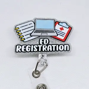 ED Registration for the Emergency Department Glitter Acrylic Retractable Badge ID Reel Belt or Alligator Clip identification supply nurse doctor holders id badge hospital worker retractable clip
