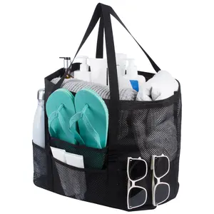 DEZZER Extra Large Mesh Beach Bag XL Foldable Swim Tote with Zipper & Drawstring Multi Pockets for Cruise Vacation Essentials Family Beach Trip Black