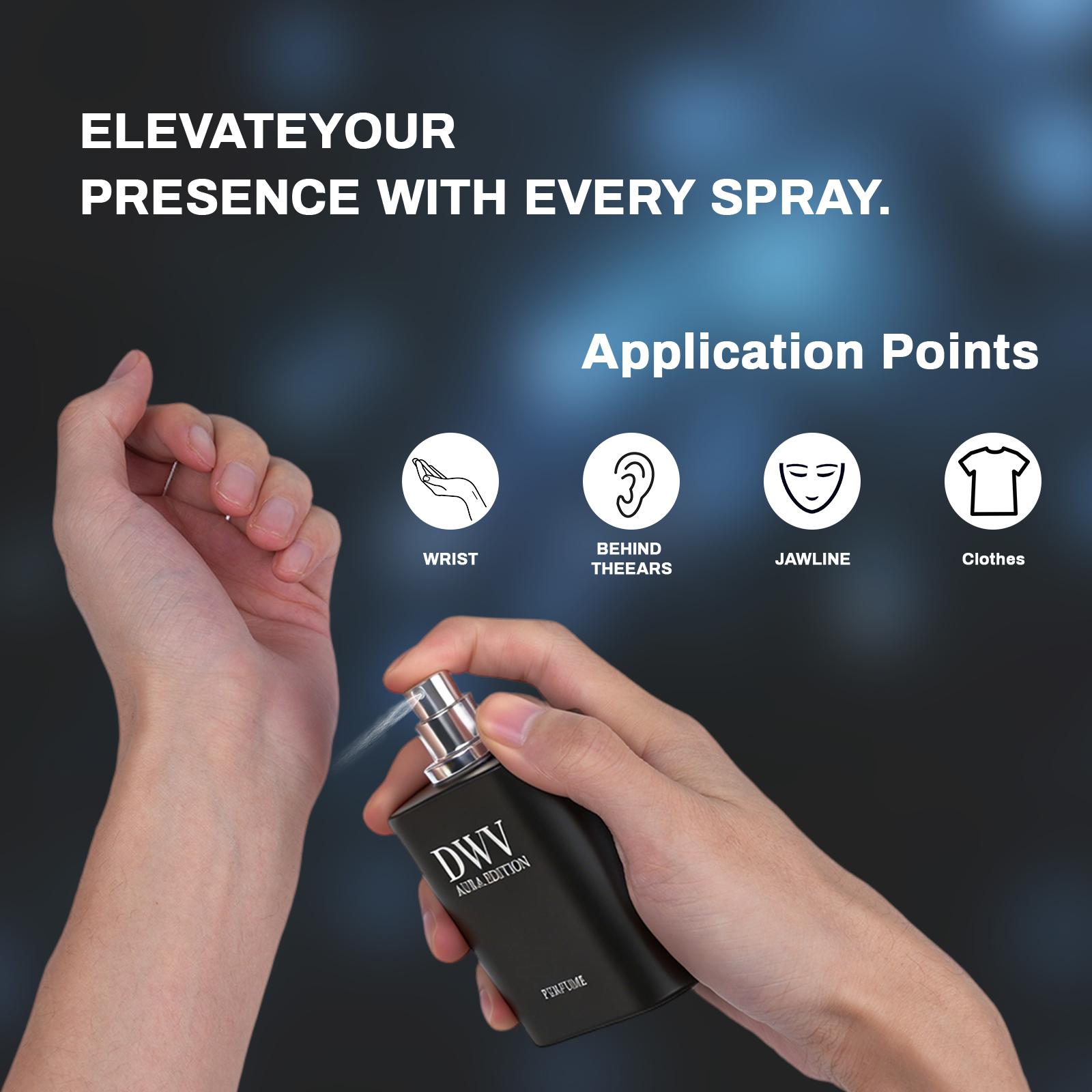 DWV AURA Eau de Parfum Unisex 50ml, a premium aromatic woody fragrance blending notes of cedar, patchouli, and amber; suitable for both men and women; a bold, Arabian-inspired scent; a luxurious gift