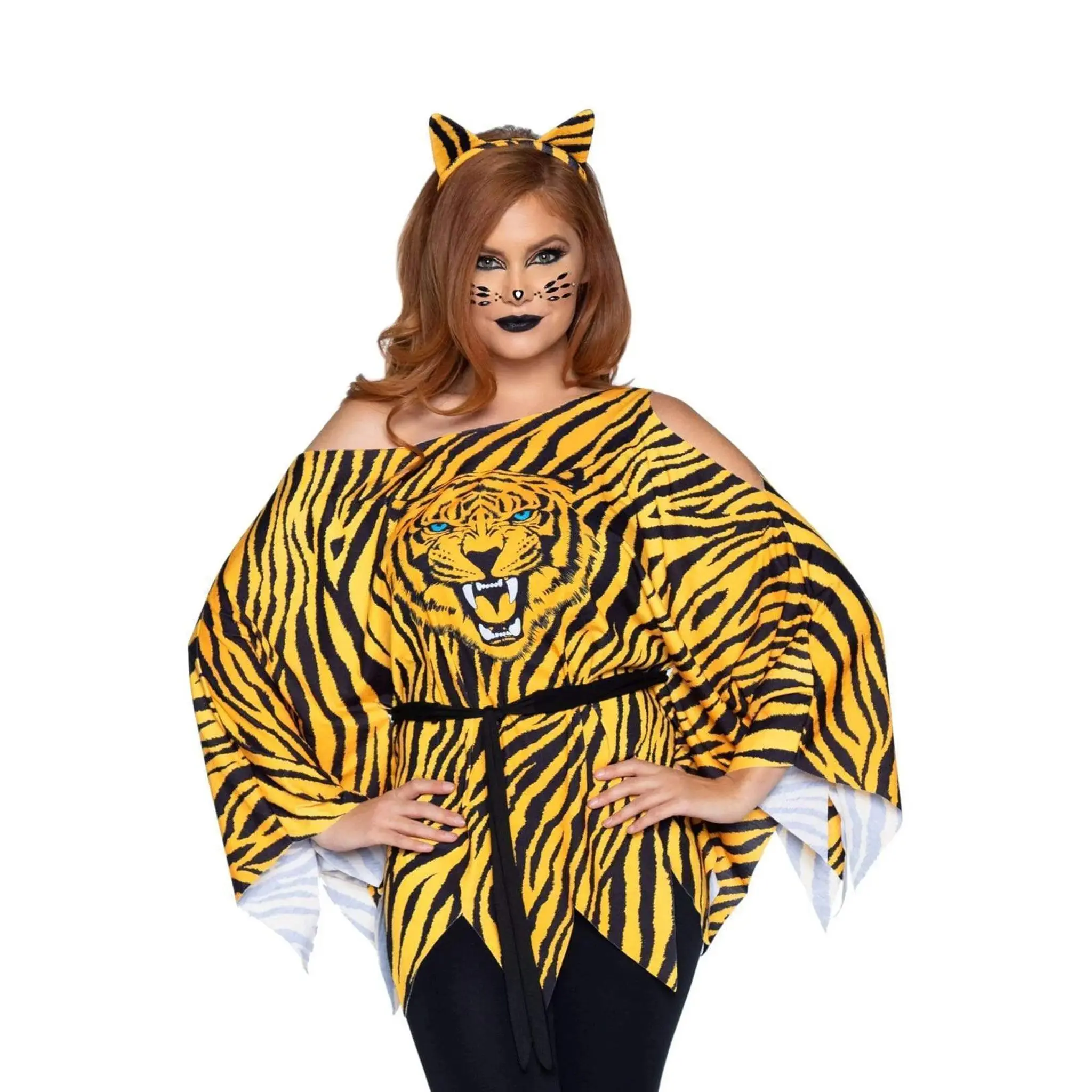 Women's Tiger Animal Costume Poncho Set - Bold Print, Matching Belt, Party Dress Clothes, Polyester, Headband, Accessories, Style, Fabric, Halloween, Casual, Playful