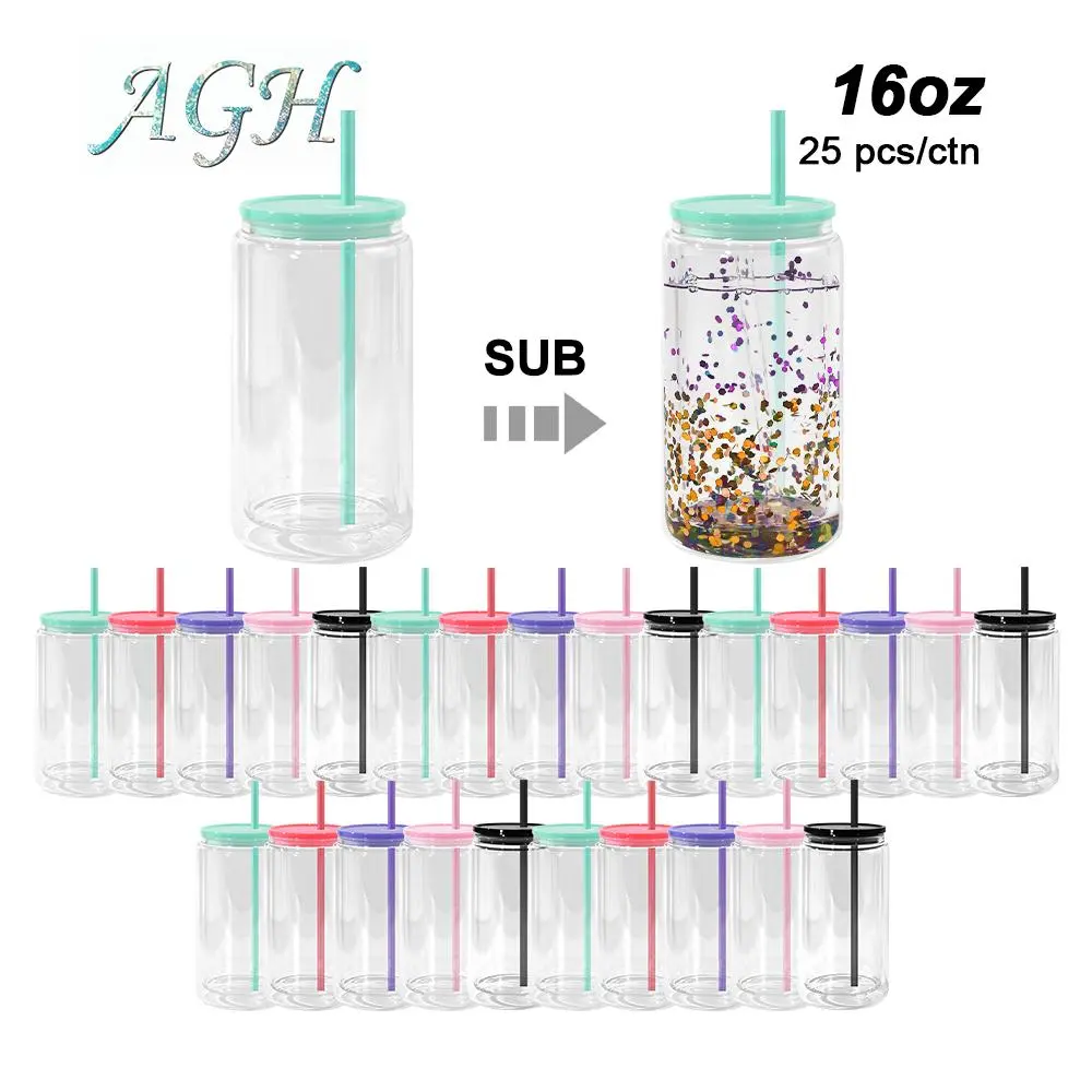 AGH 25pcs 16 oz Snow Globe Plastic Acrylic Cup Can with Lid Double Wall Tumblers with Pre Drilled Hole Plugs DIY Gift Wholesale Water Bottle Portable