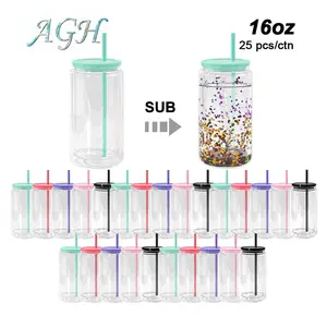 AGH 25pcs 16 oz Snow Globe Plastic Acrylic Cup Can with Lid Double Wall Tumblers with Pre Drilled Hole Plugs DIY Gift Wholesale Water Bottle Portable
