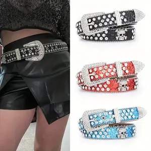 Y2K Gothic Subculture Punk Skeleton Diamond Belt Leather Rhinestone Skull Belts Decorative Waistband Personalized Dressing punk belt pink bb belt Bling Western
