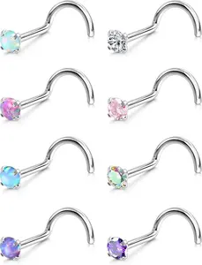 8 count Nose Rings Studs Titanium Nose Rings CZ Opal L Shaped Screw Studs Rings for Women Nose Screw Studs 18G/20G Samll Nose Stud Corkscrew Nose Rings Piercing , 2mm