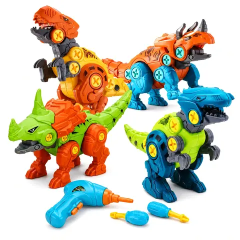 4-Pack Take Apart Dinosaur Toys for Kids Boys Age 3-7, STEM Construction Building Set with Electric Drill & Screwdrivers, Movable Joints Learning Toy Birthday Gift for Boys Girls