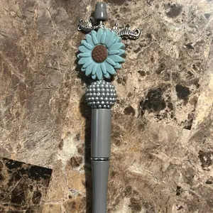 Silver Beaded Pen with Blue Flower Focal Bead Seahorses and Turtle Charms Unique Design Writing Tool