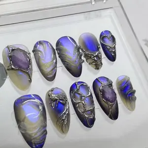 Blue Cat Eye Press On Nails with Silver Chain and Rhinestone Decorations, Reusable Medium Almond Fake Nails for Women Daily Wear Party Dating Wedding Photography