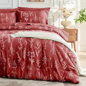 Terracotta Bed in a Bag  7 count,  Comforter Set Reversible Botanical  Design, Ultra Soft & Breathable Bedding Sets with Comforter, Sheets, Pillowcases & Shams