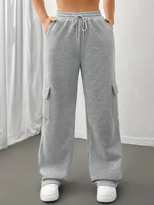Women's Solid Color Athletic Cargo Jogger Sweatpants, Loose-Fitting Workout Pants with Drawstring Waist & Pockets, All-Season Gym Pants