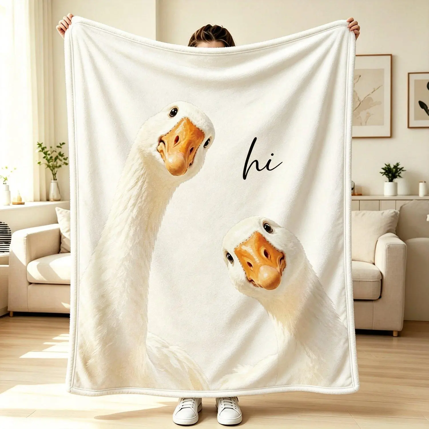 Goose Print Flannel Blanket Simple Hi Letter Design Soft Warm Cozy Throw Blanket Minimalist Aesthetic Home Decor Gift For Her Sofa Bed Cover