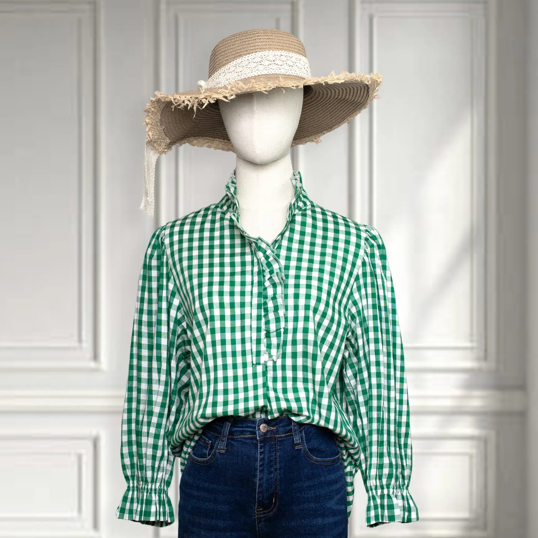 slim fit dress slacks Blue gingham nightie 100% cotton- Germaine des prés – germainedespres main image 1